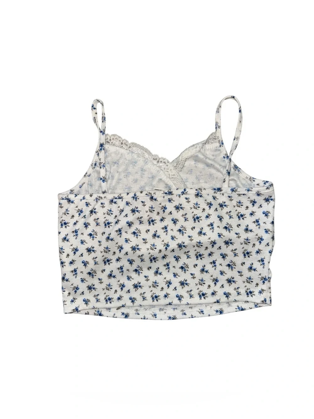 SHEIN White Crop Top Cami Tee with Blue Floral Print Cottage-core Summer Casual